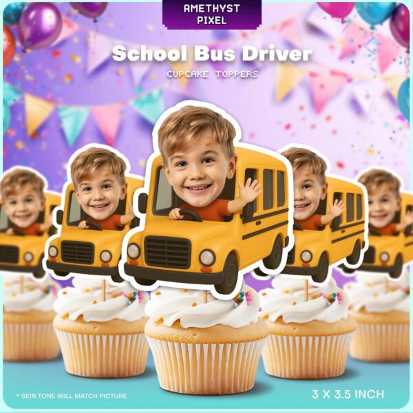 Custom Face School Bus Driver Cupcake Toppers for Back to School and Vehicle Birthdays