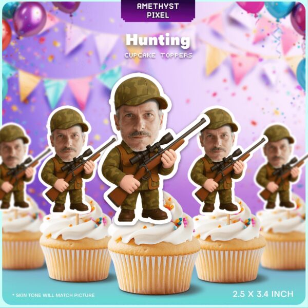 Personalized Hunter Photo Cupcake Toppers – Custom Face Camouflage Party Decorations for Outdoorsmen