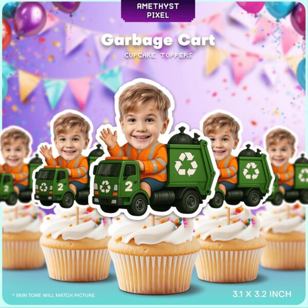 Custom Face Green Garbage Truck Cupcake Toppers for Toddler Trash Bash