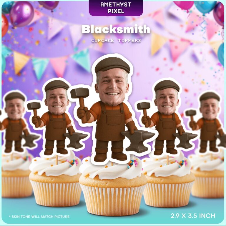 Artisan Blacksmith Custom Face Cupcake Toppers with Hammer and Anvil Design
