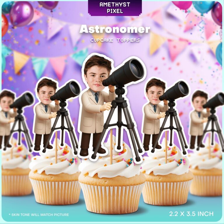 Custom Face Astronomer with Telescope Cupcake Toppers for Science Themed Parties