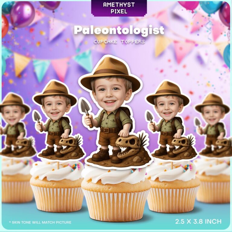 Personalized Paleontologist Custom Face Cupcake Toppers with Dino Fossil Detail