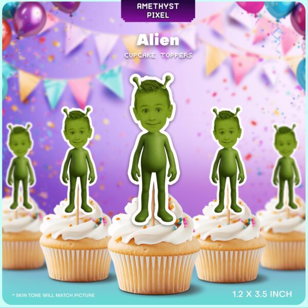 Custom Face Little Green Alien Cupcake Toppers – Funny Space Party Decor
