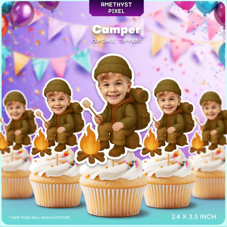 Custom Face Little Explorer Camping Theme Cupcake Toppers with Marshmallow Roast Design