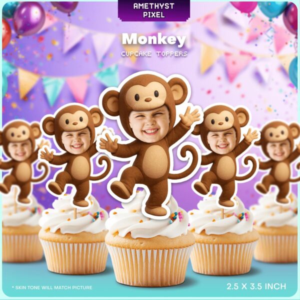 Personalized Face Monkey Cupcake Toppers for Jungle Safari Birthday Parties