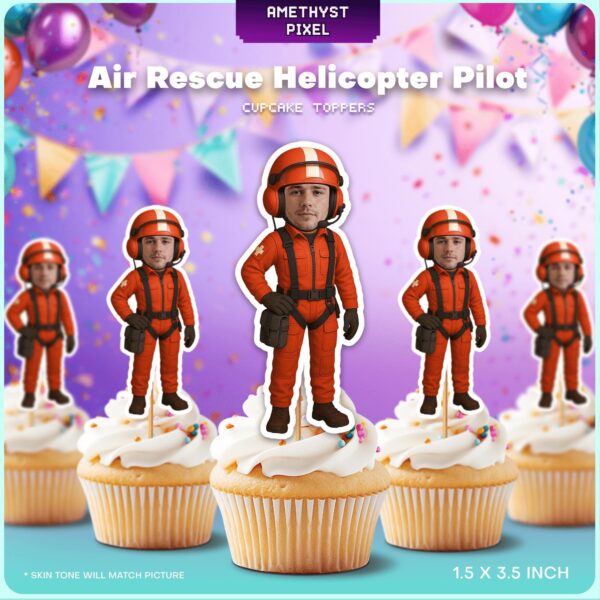 Custom Face Air Rescue Helicopter Pilot Cupcake Toppers for Aviation Theme