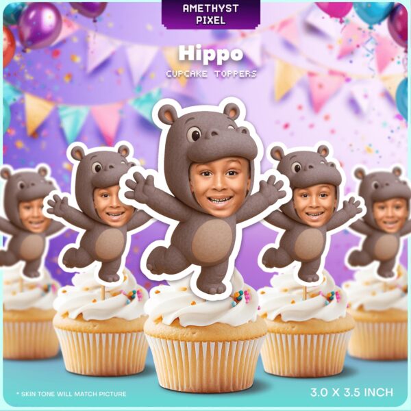 Custom Photo Hippo Cupcake Toppers for Personalized Safari Parties