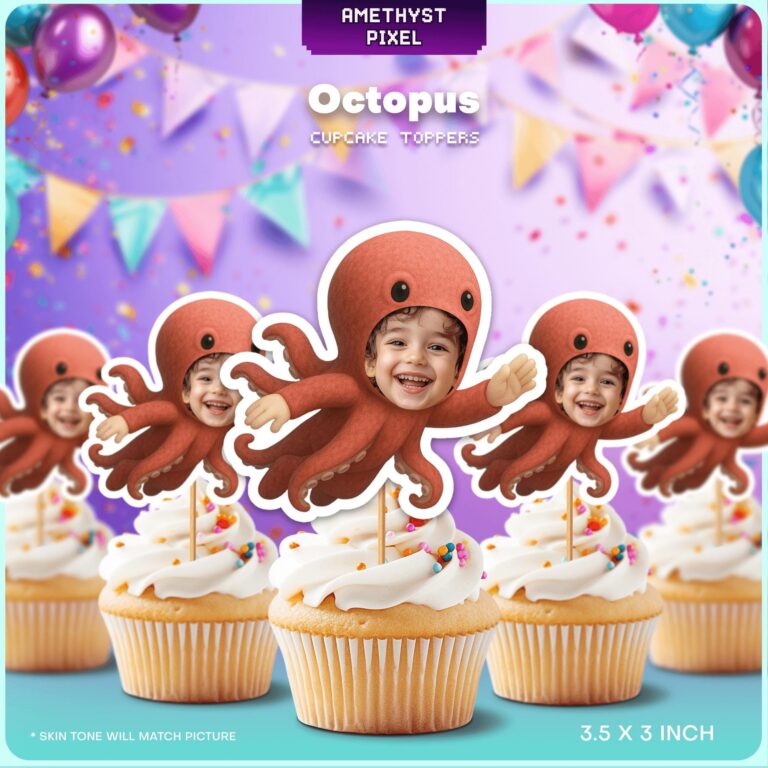 Custom Photo Octopus Cupcake Toppers – Personalized Sea Creature Birthday Decorations
