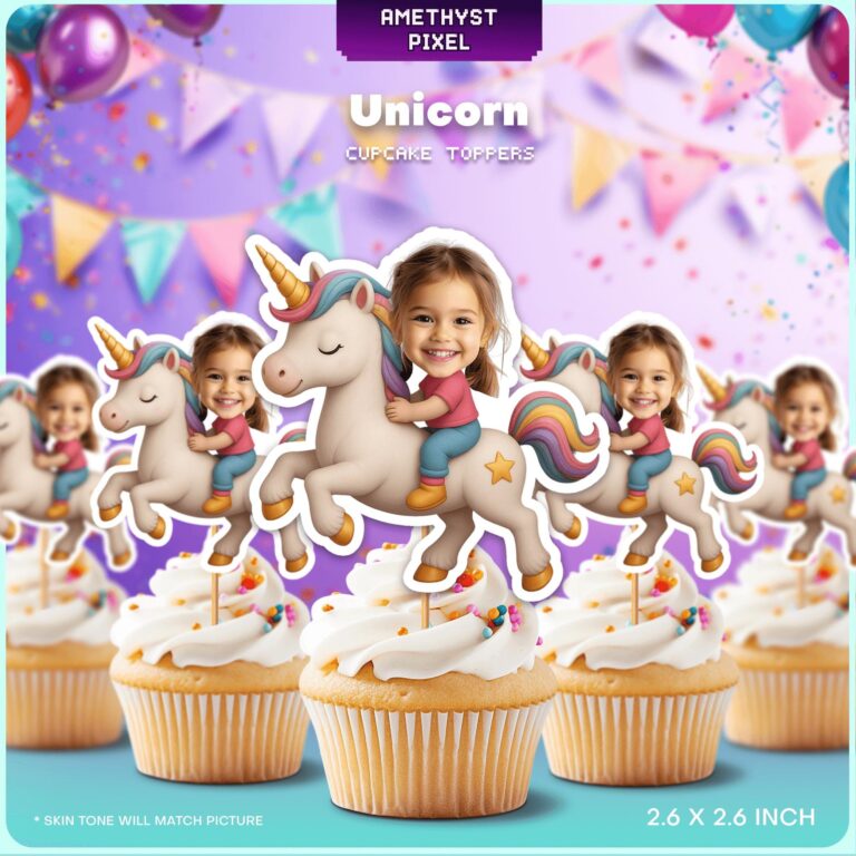 Custom Face Riding Unicorn Cupcake Toppers for Magical Girls Birthday Parties