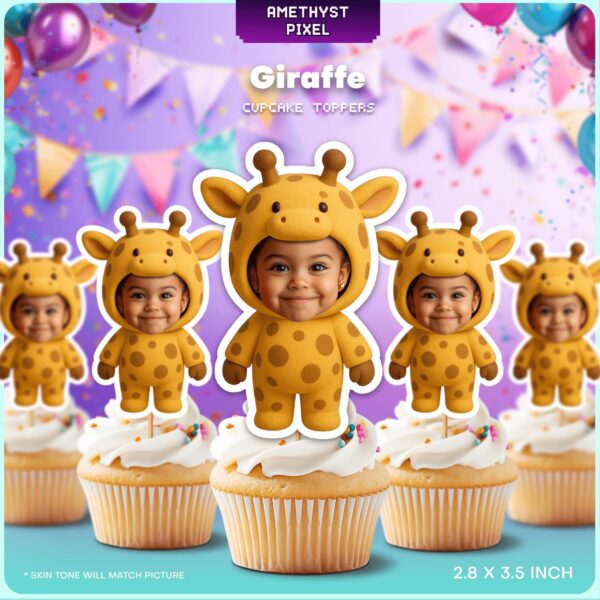 Custom Photo Giraffe Safari Theme Cupcake Toppers – Personalized Zoo Animal Birthday Decorations