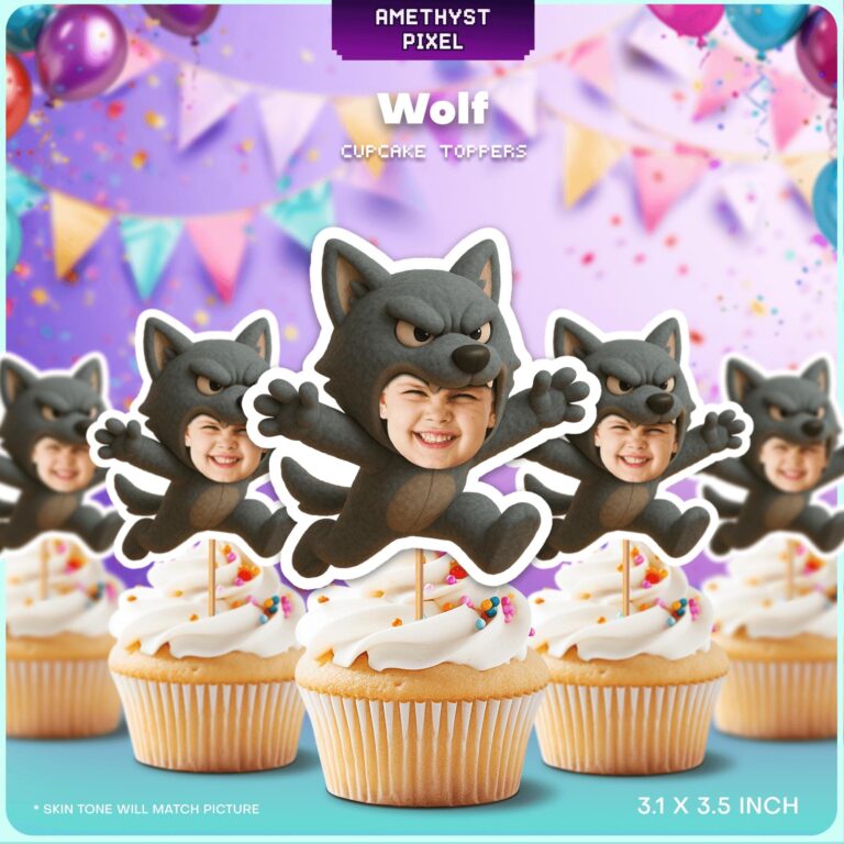 Personalized Gray Wolf Custom Face Cupcake Toppers for Woodland Birthday Themes
