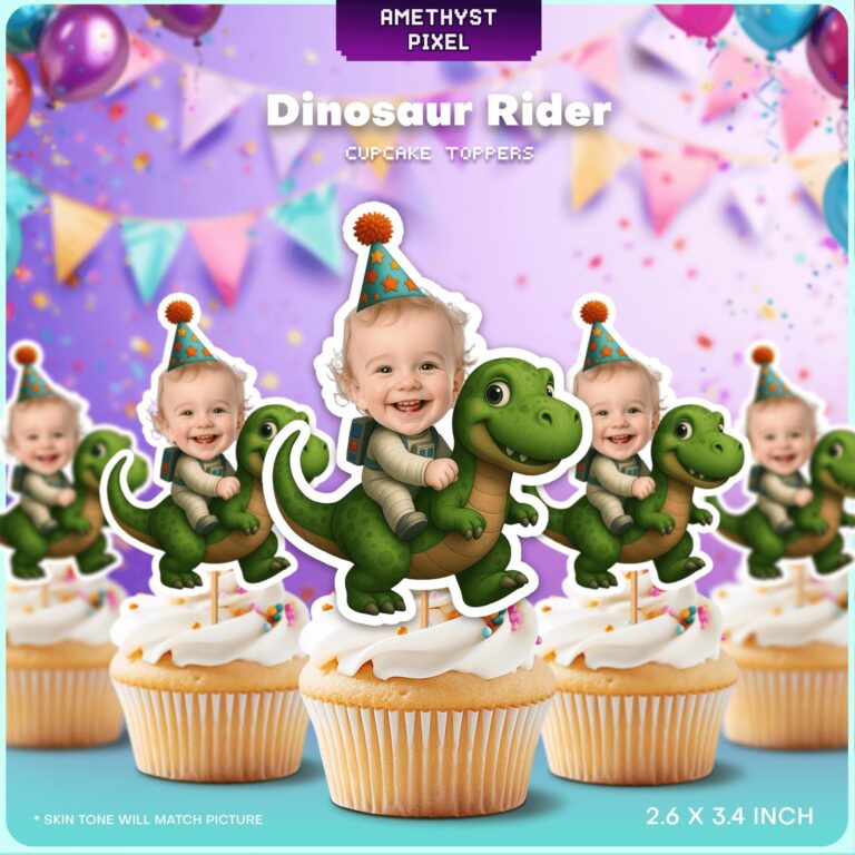 Custom Face Dinosaur Rider Cupcake Toppers for Adventurous Boys Birthday