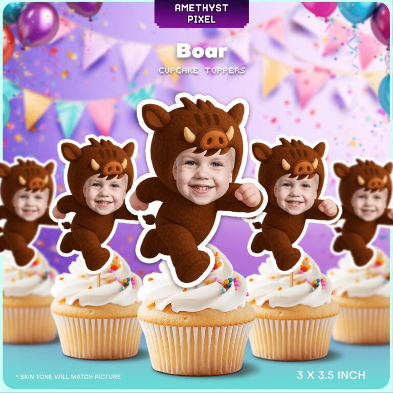 Custom Face Wild Boar Cupcake Toppers for Forest & Farm Birthday Themes