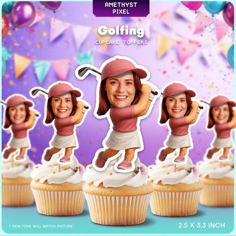 Custom Face Ladies Golf Theme Cupcake Toppers – Pink Polo Outfit Edition