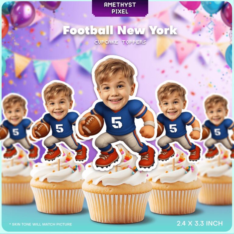 Custom Face New York Football Player Cupcake Toppers Blue Team Jersey