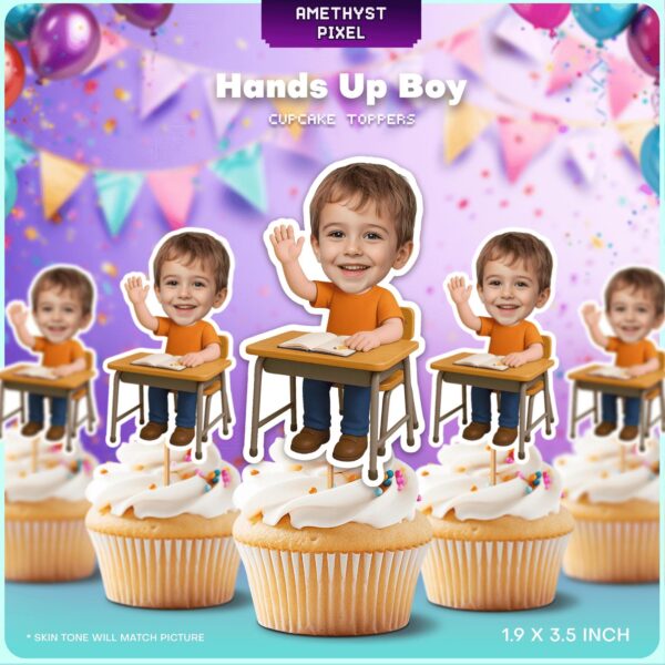 Custom Face School Student Desk Cupcake Toppers – Raising Hand Boy Classroom Theme