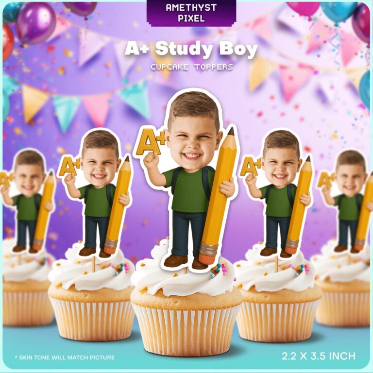 Personalized Face A+ Student Boy with Pencil & Backpack Cupcake Toppers