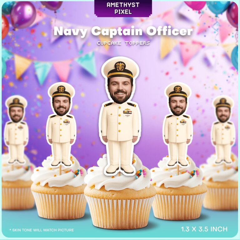 Custom Face Navy Captain Officer Cupcake Toppers – Personalized Military Dress Whites Party Décor
