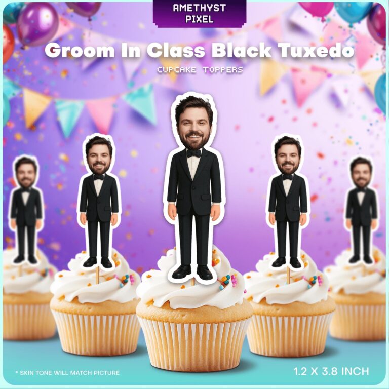 Custom Face Groom in Classic Black Tuxedo Cupcake Toppers for Weddings