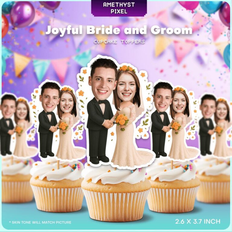 Custom Face Wedding Couple Cupcake Toppers with Bride and Groom Holding Hands