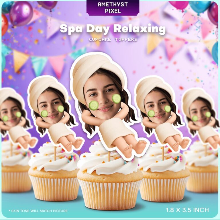 Personalized Spa Day Theme Custom Face Cupcake Toppers with Cucumber Mask Design