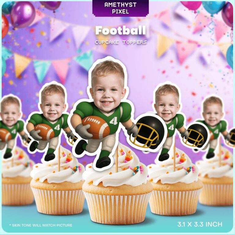 Personalized American Football Player Custom Face Cupcake Toppers in Green Uniform