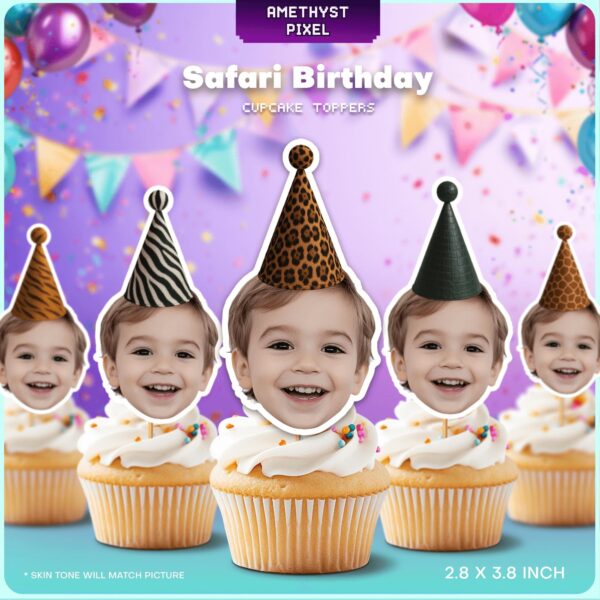 Custom Face Safari Jungle Theme Cupcake Toppers with Animal Print Party Hats