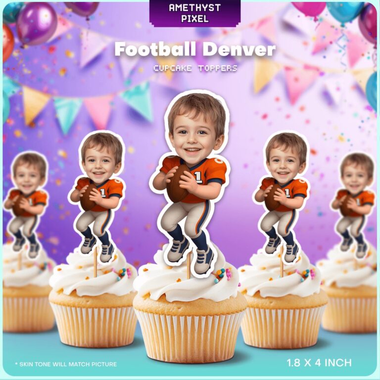 Personalized Photo Denver Football Theme Cupcake Toppers for Boys