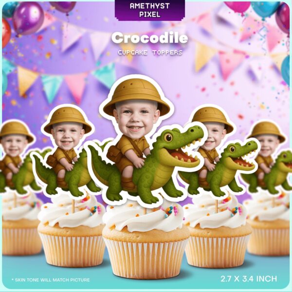 Custom Face Safari Explorer Riding Crocodile Cupcake Toppers