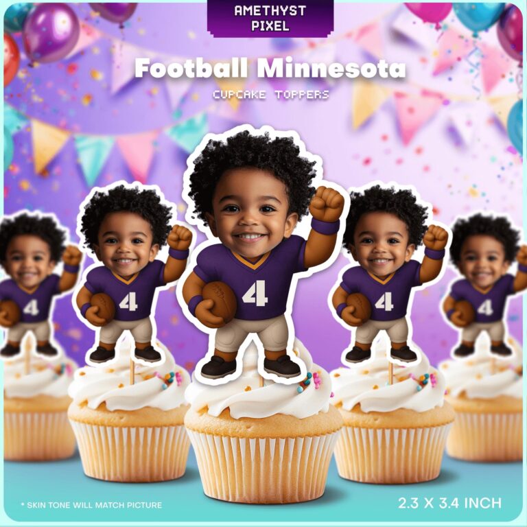 Personalized Minnesota Purple Football Theme Custom Face Cupcake Toppers for Boys