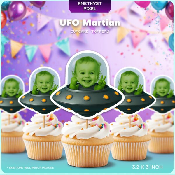 Custom Face Green Alien Baby Cupcake Toppers in Flying Saucer