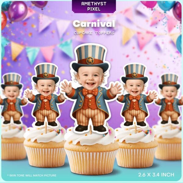 Custom Photo Carnival Ringmaster Cupcake Toppers for Circus Themed Birthdays