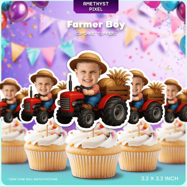 Personalized Little Farmer Red Tractor Theme Custom Face Cupcake Toppers