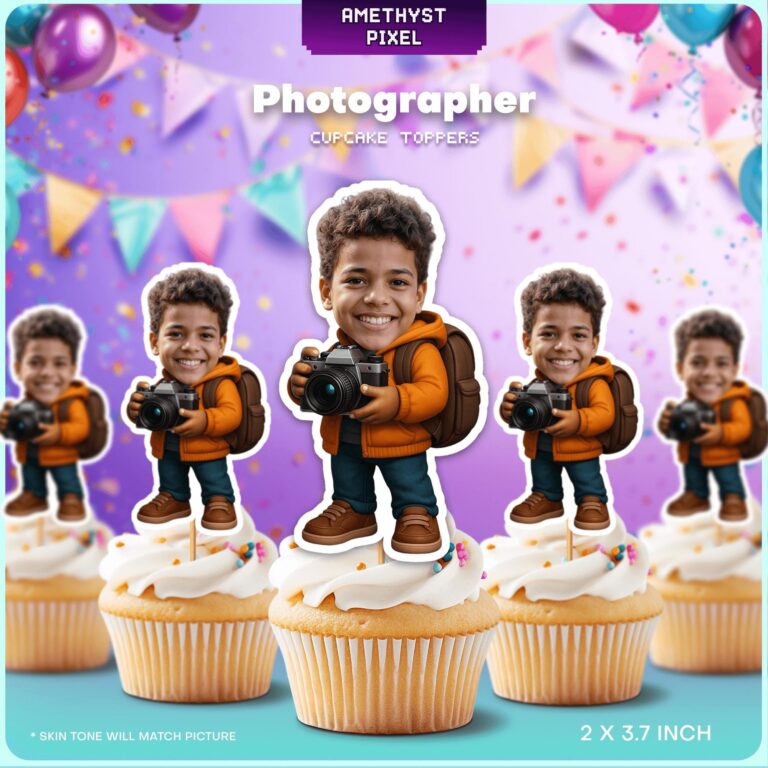 Personalized Little Photographer Cupcake Toppers Featuring Custom Face