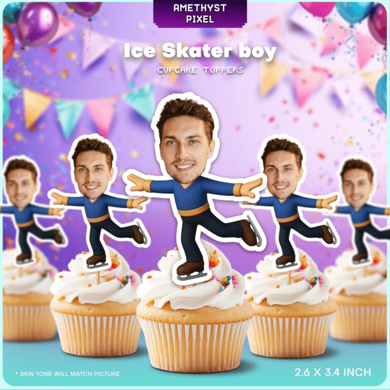 Personalized Ice Skater Boy Custom Face Cupcake Toppers in Blue Costume