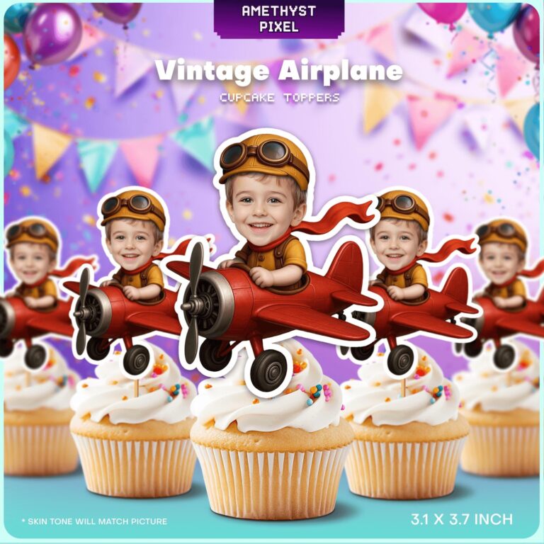 Custom Face Vintage Airplane Cupcake Toppers with Personalized Red Aviator Pilot