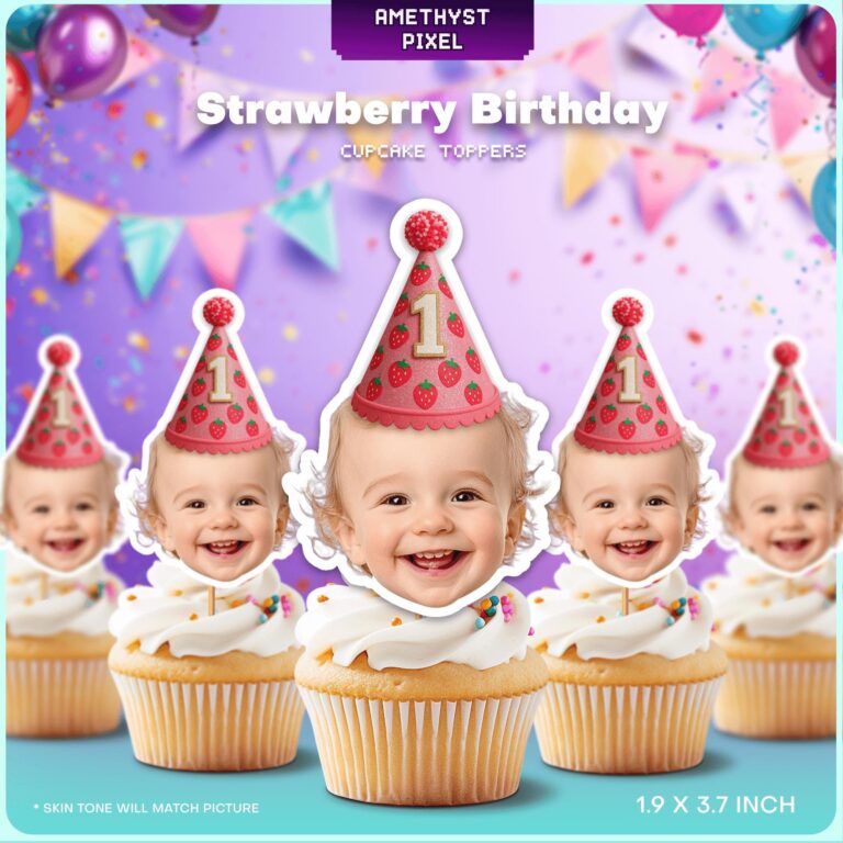 Custom Face Strawberry 1st Birthday Cupcake Toppers - Berry Sweet Theme