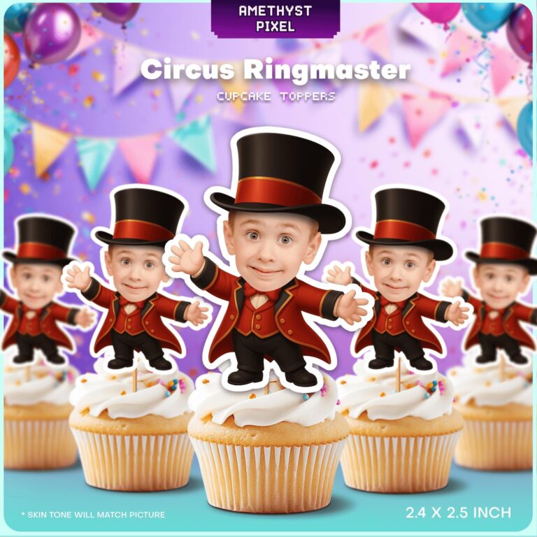 Custom Face Circus Ringmaster Cupcake Toppers for Carnival Birthday Parties