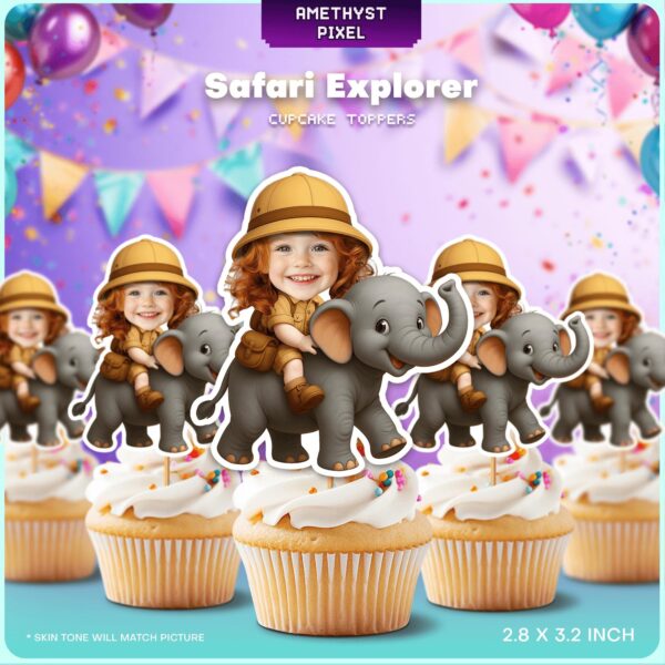 Custom Face Safari Explorer Riding Elephant Cupcake Toppers