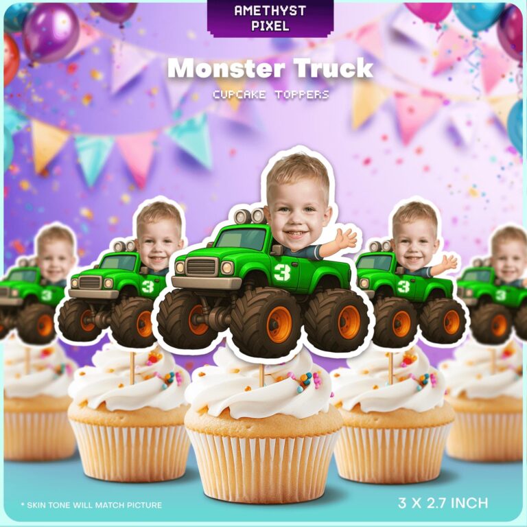 Custom Photo Green Monster Truck Cupcake Toppers for 3rd Birthday Parties