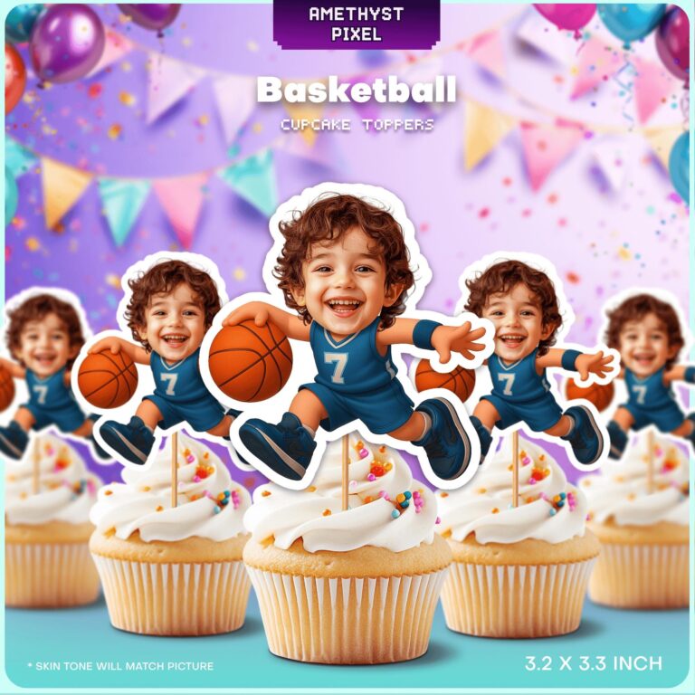 Custom Face Basketball Player Cupcake Toppers – Blue Jersey Sports Theme