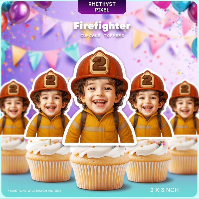 Personalized Custom Face Firefighter Cupcake Toppers – Printable Fireman Theme for 2nd Birthday