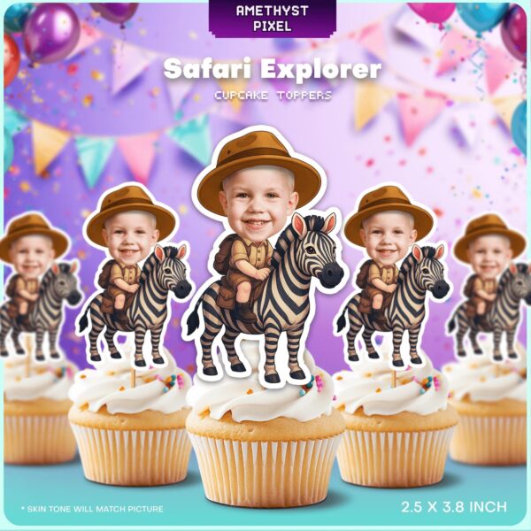 Personalized Face Camping Safari Boy Riding Zebra Cupcake Toppers