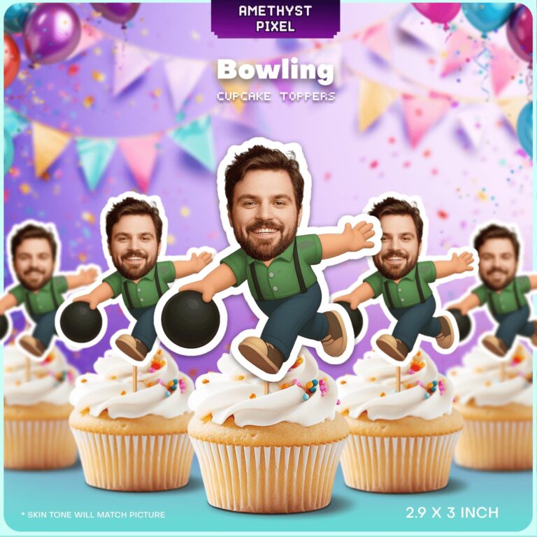 Custom Face Bowling Player Cupcake Toppers for Adult Birthday Parties