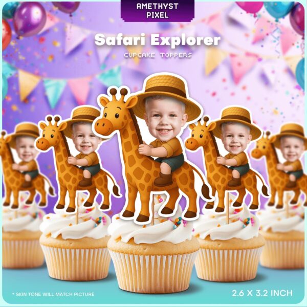 Custom Face Safari Explorer Giraffe Cupcake Toppers