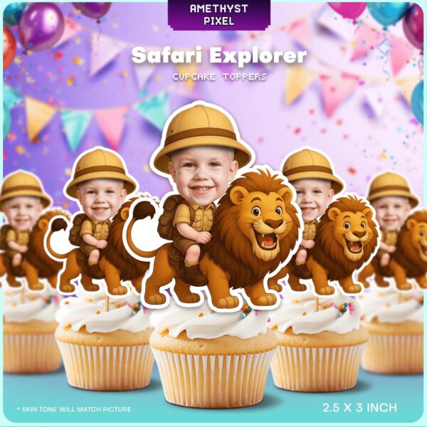 Custom Face Safari Explorer Cupcake Toppers - Little Boy Riding Lion Jungle Decor