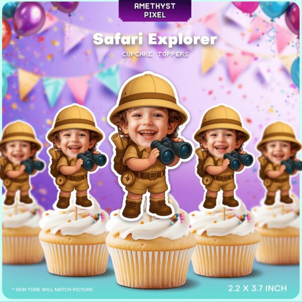 Personalized Safari Explorer Cupcake Toppers with Custom Face for Jungle Birthdays