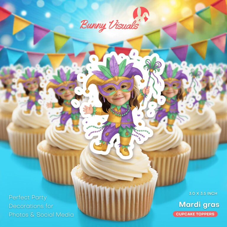 Personalized Mardi Gras Jester Custom Face Cupcake Toppers for Kids
