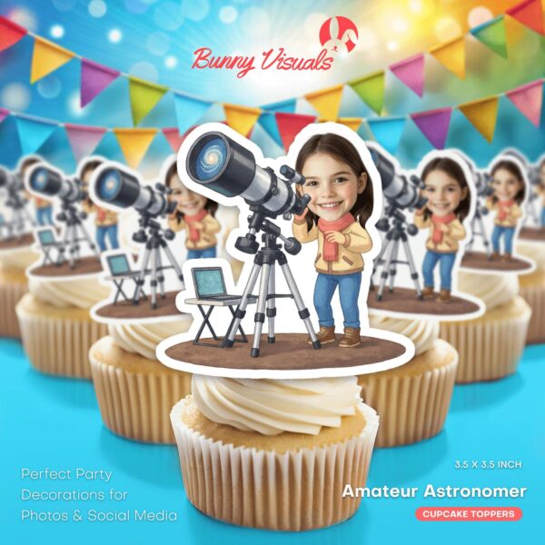 Custom Face Amateur Astronomer Cupcake Toppers for Space Theme Events