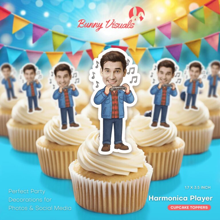 Personalized Face Harmonica Musician Cupcake Toppers - Blues & Folk Theme Decor
